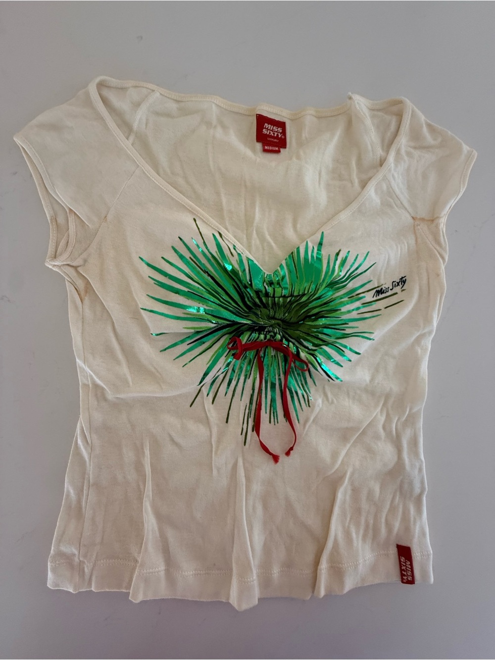 Vintage Miss Sixty Cream Short Sleeve V-Neck Tee with Green & Red Graphic